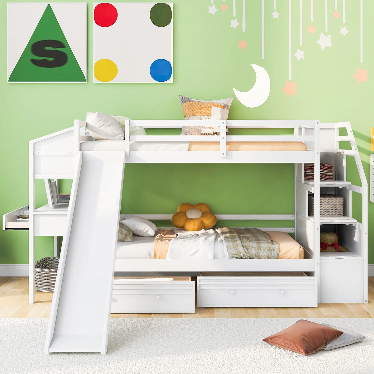 White Wood Twin over Twin Bunk Bed with Desk and Slide T542