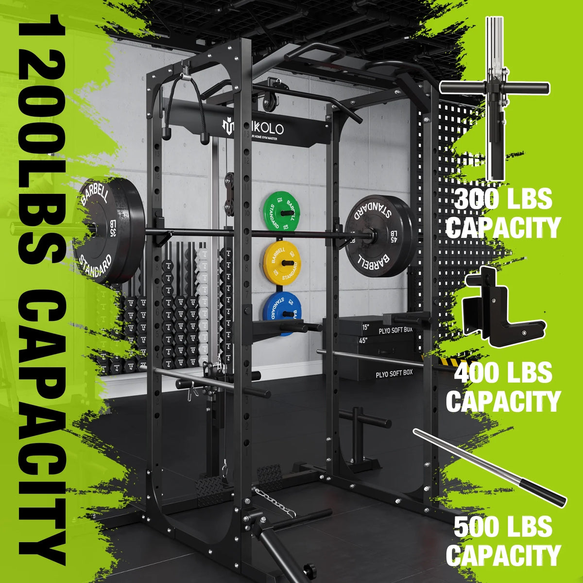 Power Rack Cage with LAT Pulldown System, 1200LBS Capacity, 13-Level Adjustable Height B7853