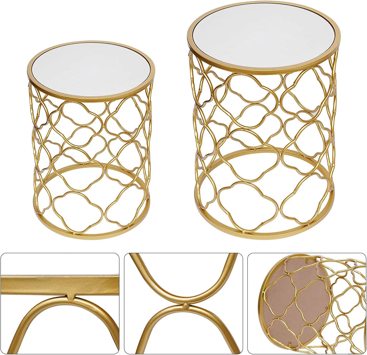 Round Gold Metal Nesting Side Table with Mirrored Top Y808543