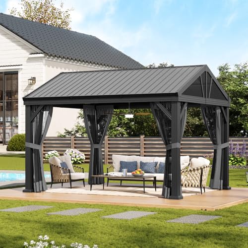 10' X 12' Aluminum Hardtop Gazebo with Steel Roof and Netting R68922