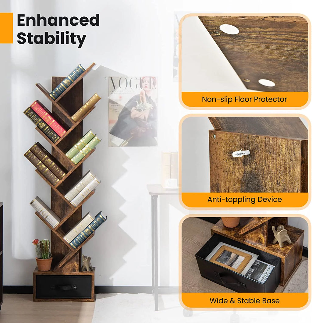 10 Shelf Wooden Bookshelf with Drawer S19371