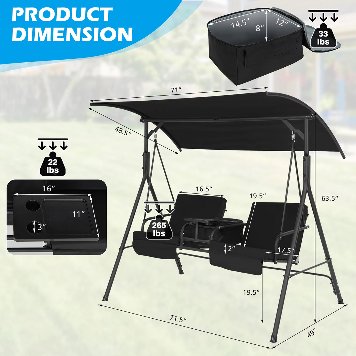 2-Person Canopy Porch Swing Padded Chair with Cooler Bag Q266546