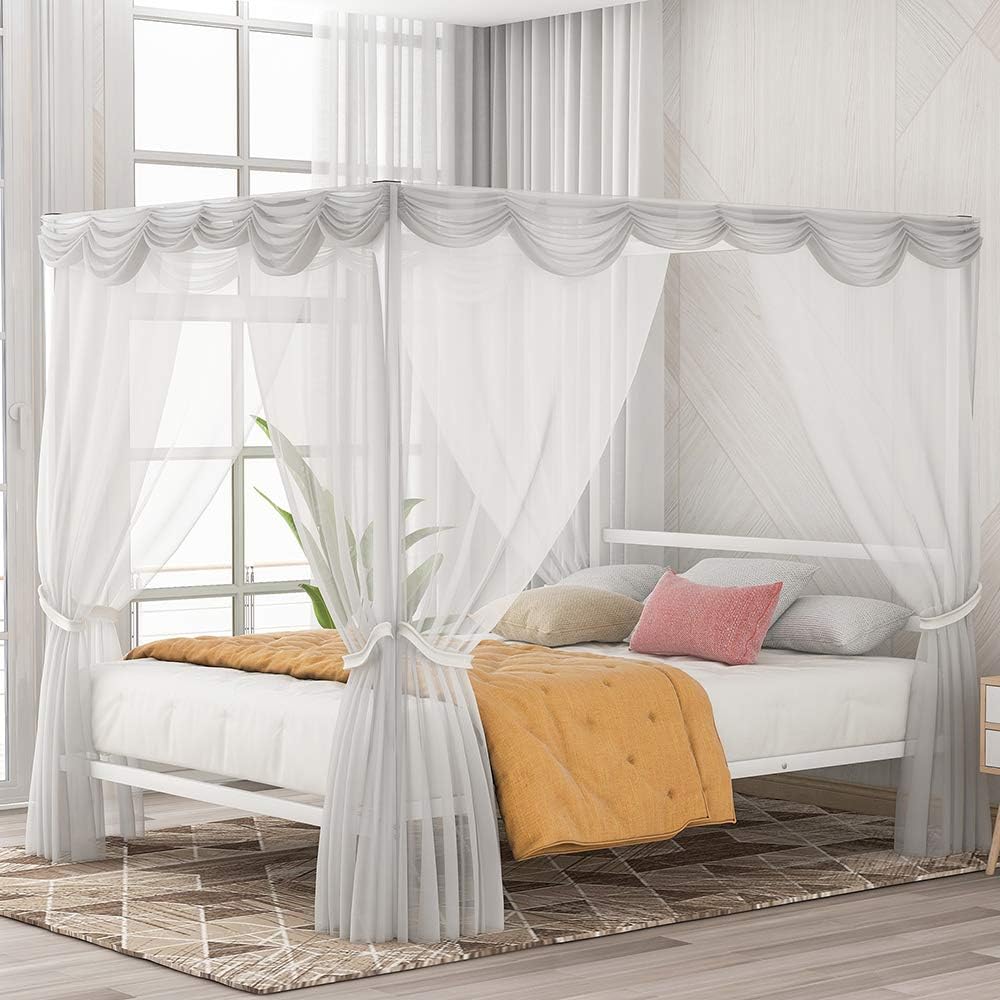 Silver Queen Metal Canopy Bed Frame with Headboard J817