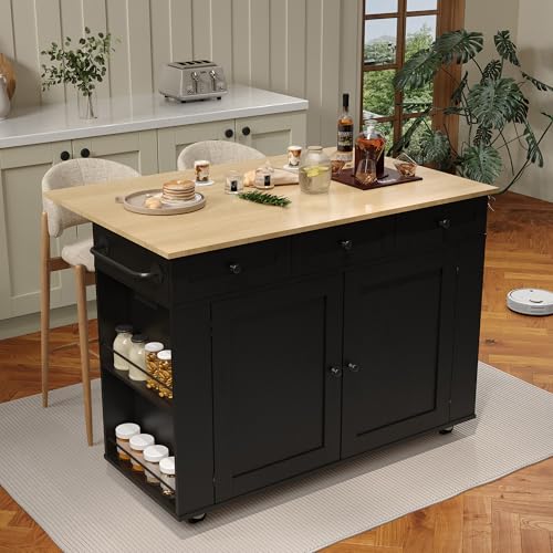Rolling Kitchen Island Cart with Power Outlet & Drop Leaf, 3 Drawers, Black X876