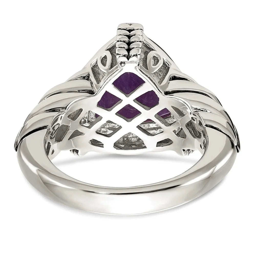 925 Sterling Silver Amethyst and Diamond Ring Size 8 J574