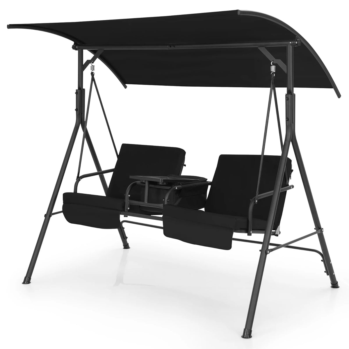 2-Person Canopy Porch Swing Padded Chair with Cooler Bag Q266546
