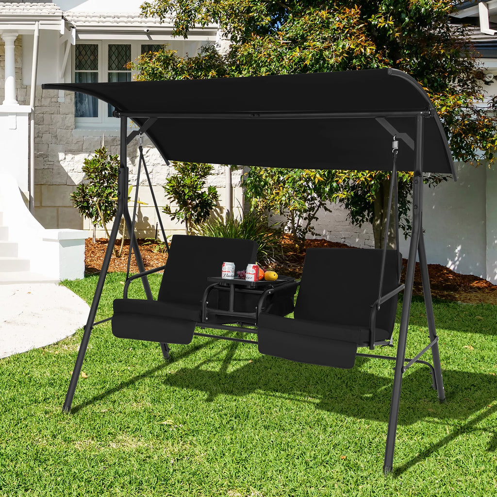 2-Person Canopy Porch Swing Padded Chair with Cooler Bag Q266546