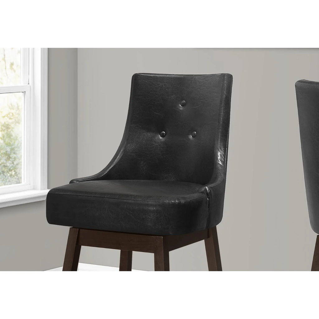 Bar Stool, Set Of 2, Swivel, Bar Height, Brown Wood, Black PU, 45.5" H Y759775