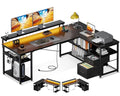 Grey L Shaped Gaming Desk with File Drawers, Power Outlets, LED Lights, Monitor Stand E66793