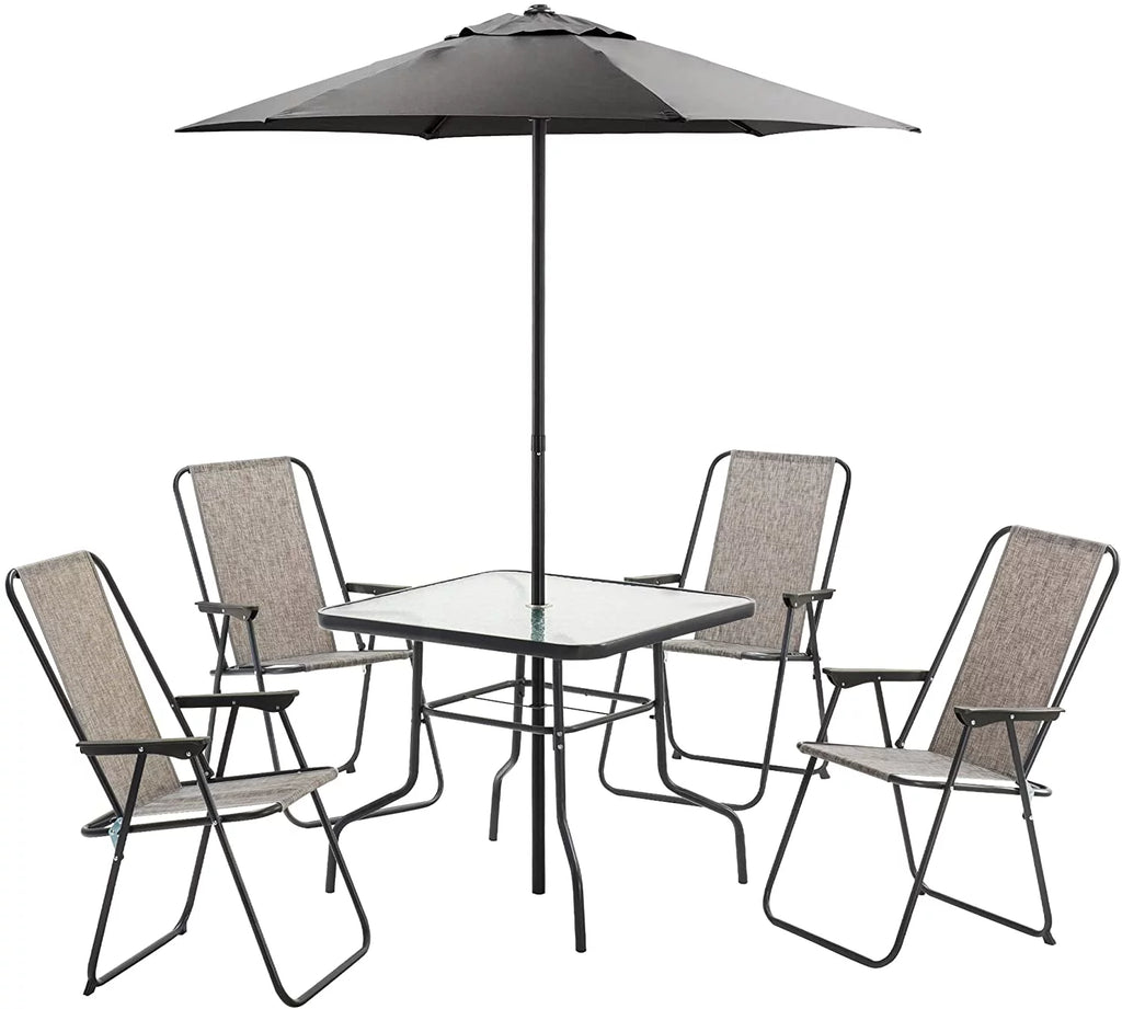 6 Pieces Outdoor Patio Dining Set with Glass Table, Umbrella and Set of 4 Chairs O68767