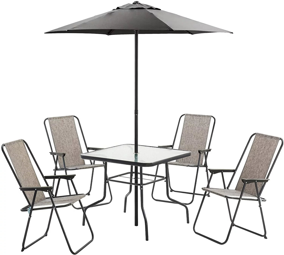 6 Pieces Outdoor Patio Dining Set with Glass Table, Umbrella and Set of 4 Chairs O68767