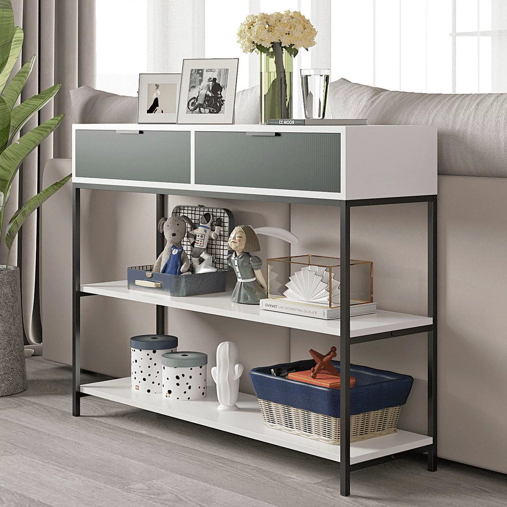 White and Light Green Wood Console Table with Shelves and Drawers H86421