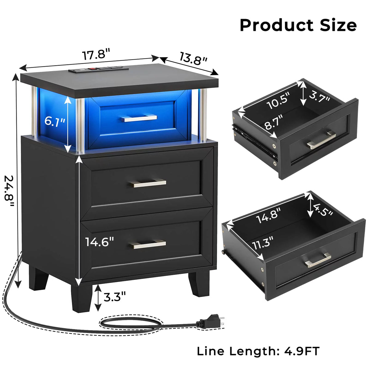 Black LED Nightstand Set of 2 with 3 Drawer G32929