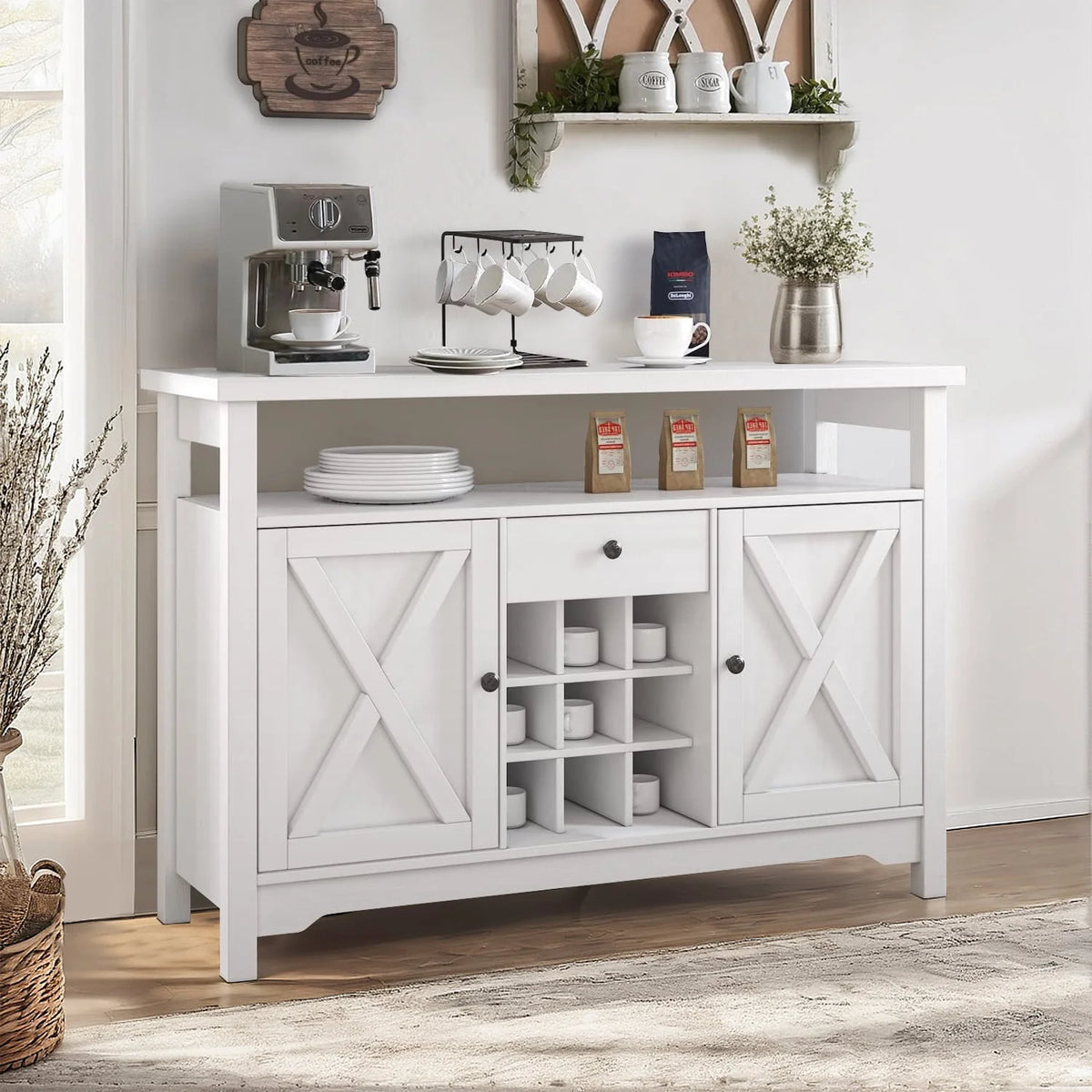 White 47 Kitchen Buffet Storage Cabinet with Barn Door V93877