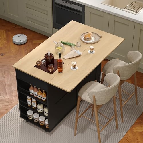 Rolling Kitchen Island Cart with Power Outlet & Drop Leaf, 3 Drawers, Black X876