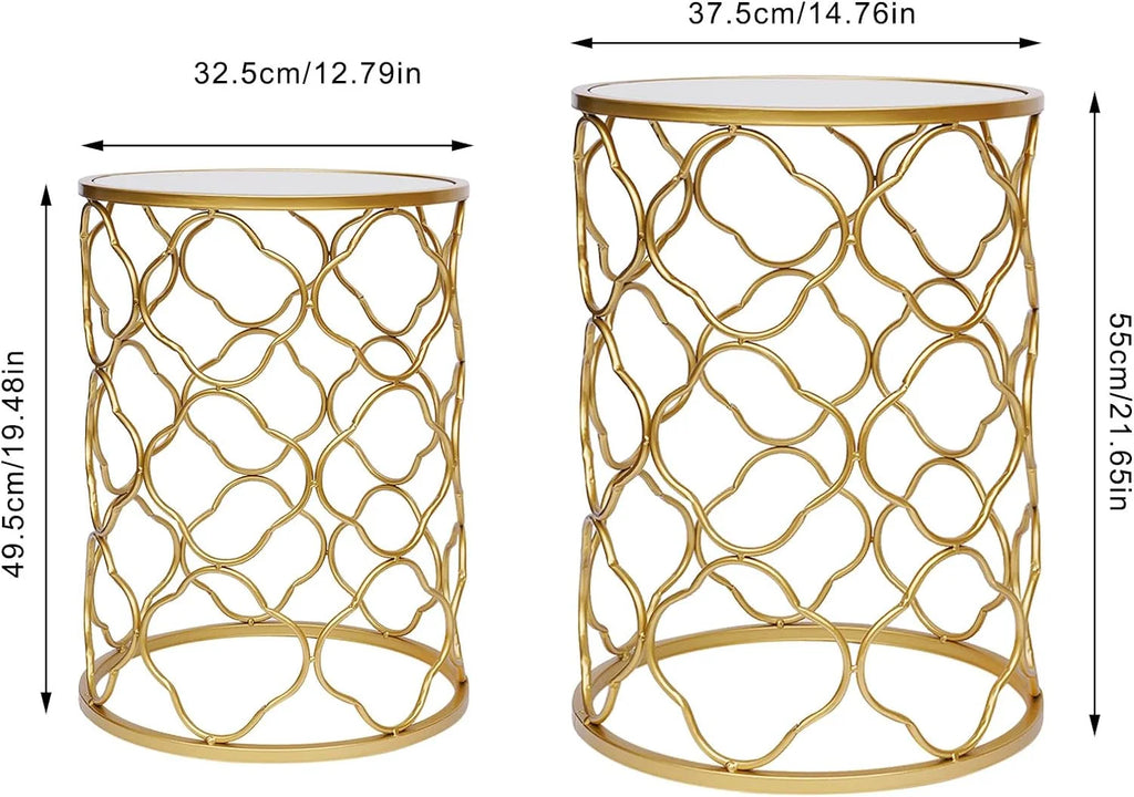 Round Gold Metal Nesting Side Table with Mirrored Top Y808543