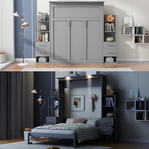 Gray Queen Murphy Bed with Storage Shelves, Drawers and LED Light, Wood Foldable Wall Bed Frame U356