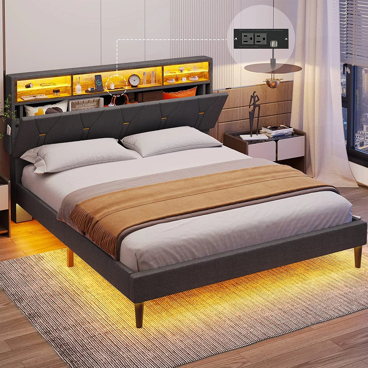 Black Full Size LED Bed Frame with Upholstered Storage Headboard N2831