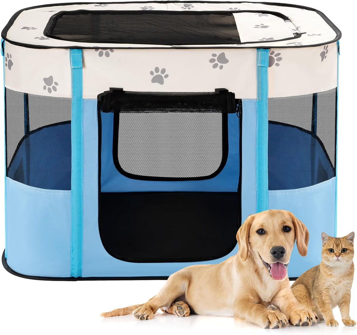 Blue Foldable Pop Up Pet Playpen with Floor and Mesh Door M33464