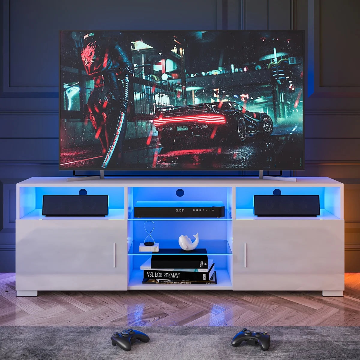 57'' TV Stand with RGB LED Light and Glass Shelves S6634