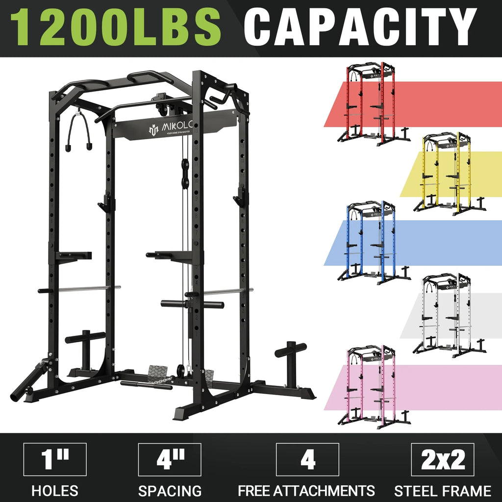 Power Rack Cage with LAT Pulldown System, 1200LBS Capacity, 13-Level Adjustable Height B7853