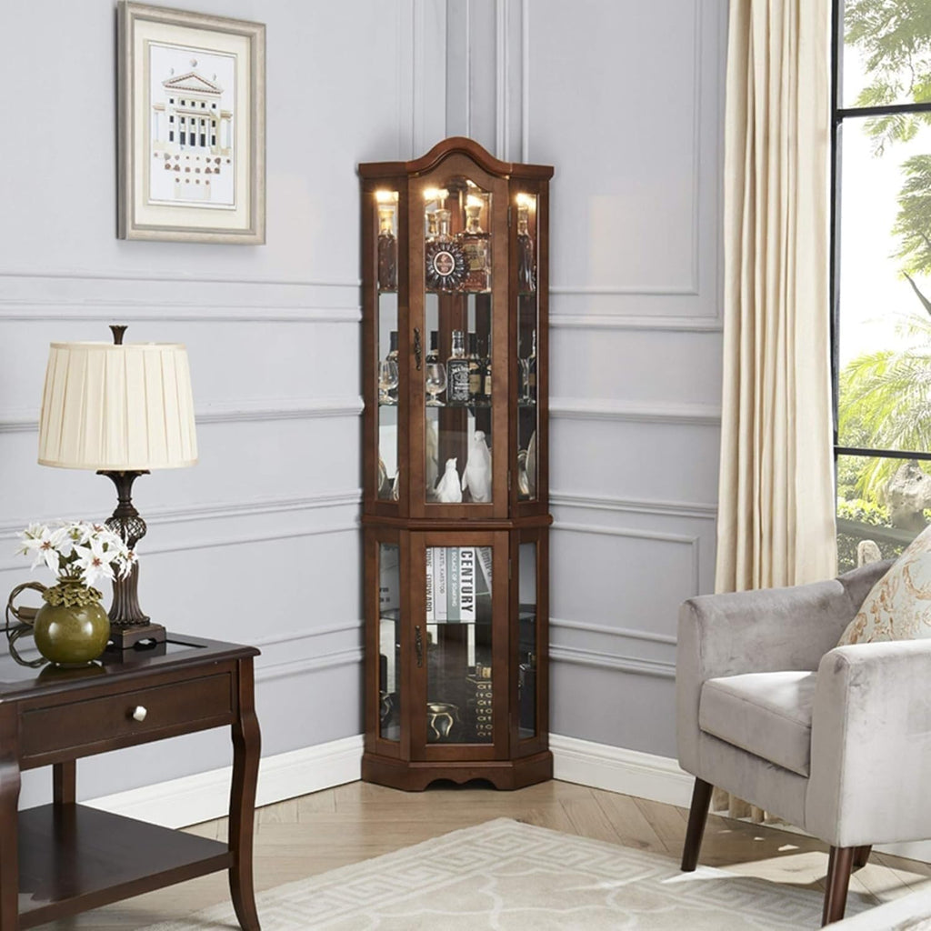 Walnut Corner Curio Cabinet with Glass Doors and Shelves F847818