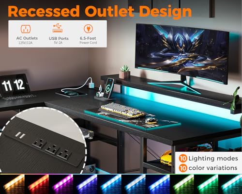 Grey L Shaped Gaming Desk with File Drawers, Power Outlets, LED Lights, Monitor Stand E66793
