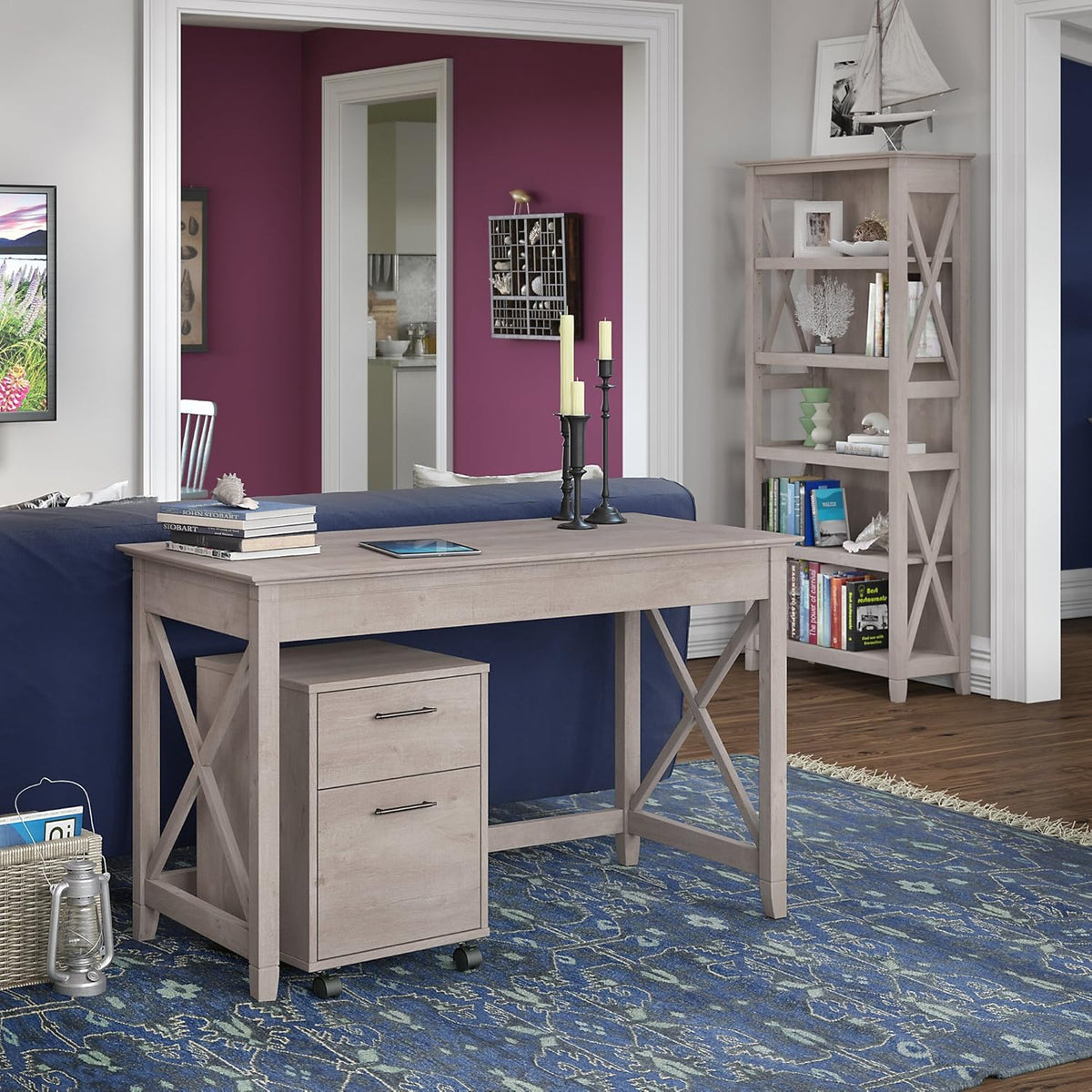 48W Writing Desk with 2 Drawer File Cabinet and 5 Shelf Bookcase E28400