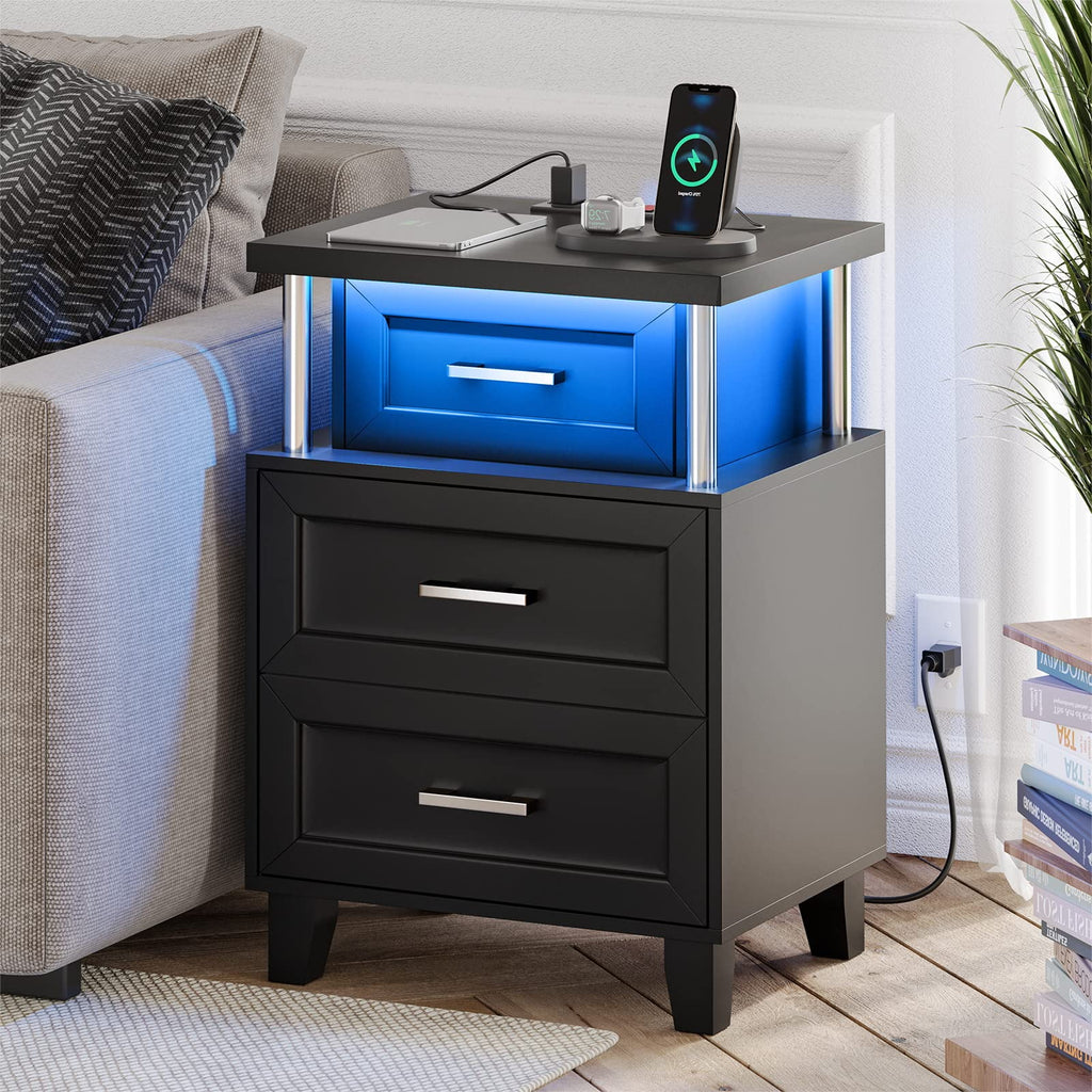 Black LED Nightstand Set of 2 with 3 Drawer G32929