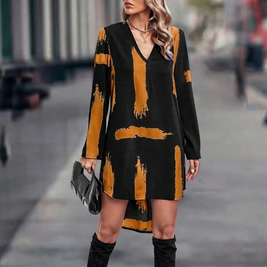 Printed V Neck Casual Knee Length Dress Z497