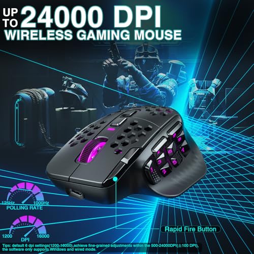 Black Wireless MMO Gaming Mouse with 9 Side Buttons, 24000 DPI, Triple Connectivity, RGB S543