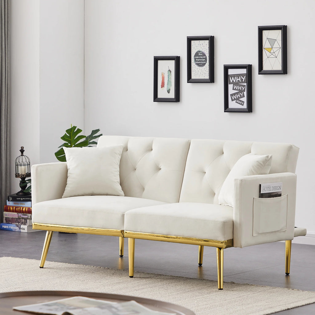 Modern Velvet Tufted Sofa Bed with Metal Legs 2 Pillows U971423