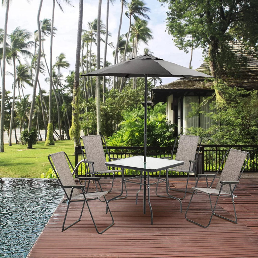 6 Pieces Outdoor Patio Dining Set with Glass Table, Umbrella and Set of 4 Chairs O68767