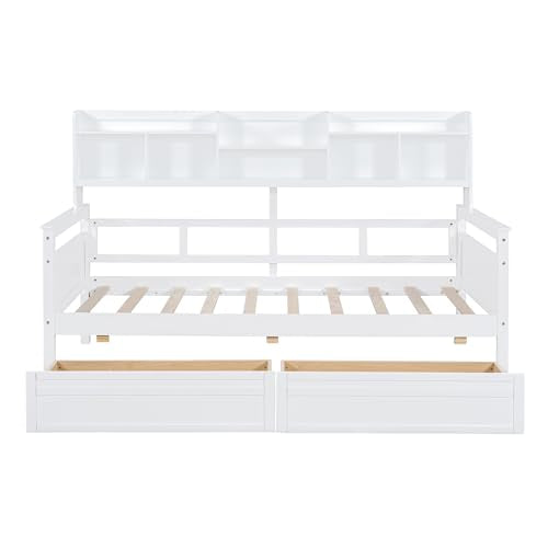 Twin Size Wood Daybed with Shelf and 2 Storage Drawers F90988