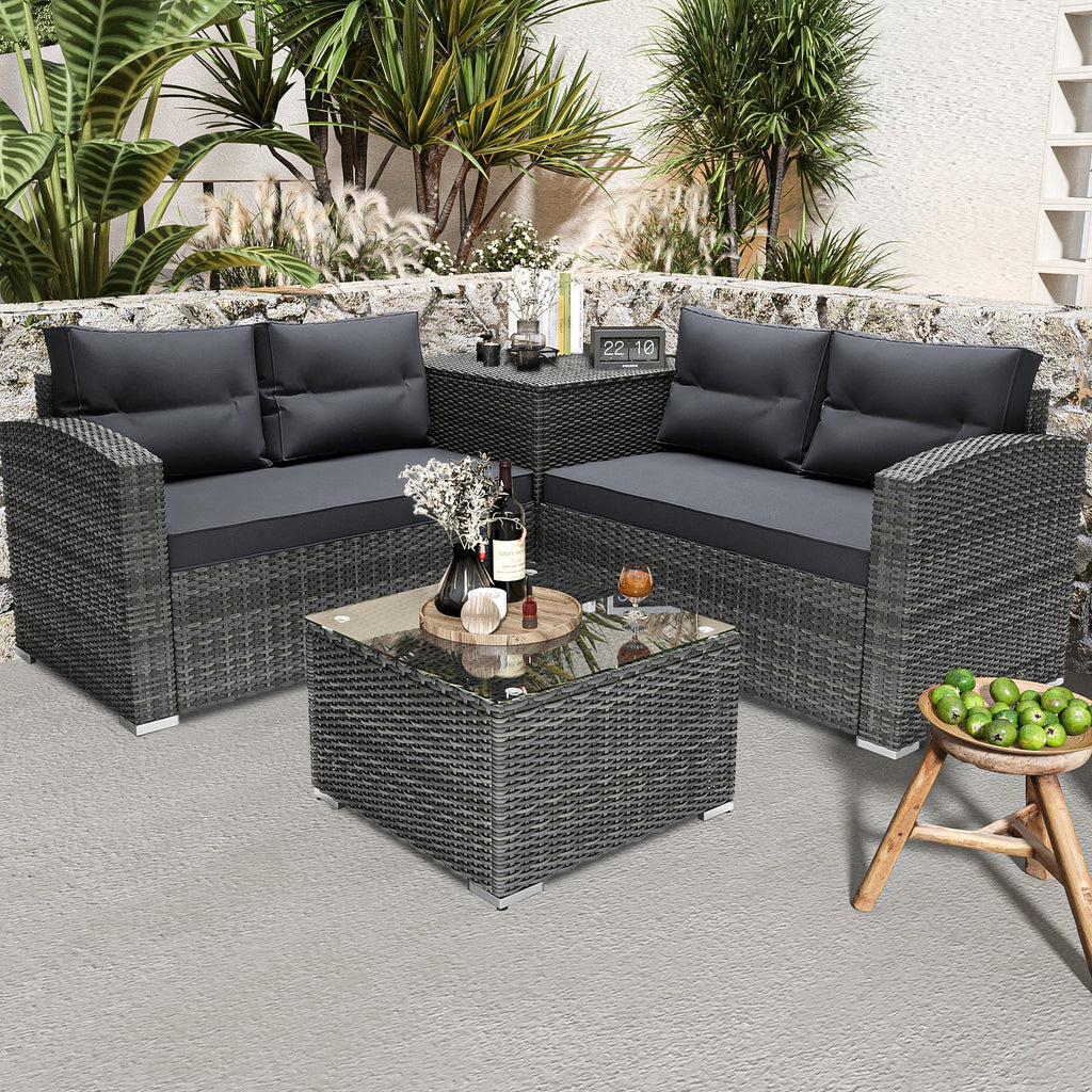 4Pcs All-Weather Rattan Wicker Patio Furniture Set with Storage Box & Table G599