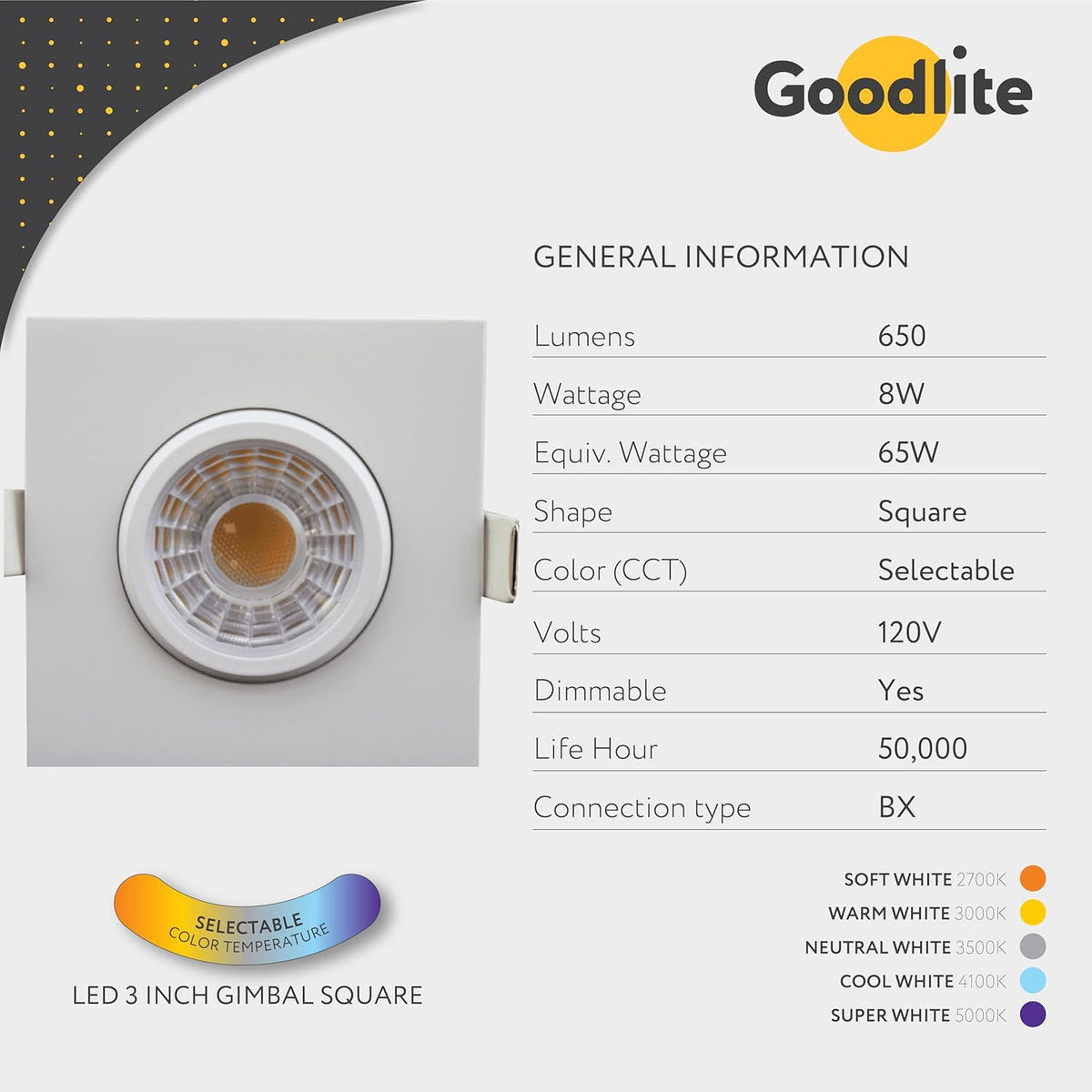 3-Inch Square White Recessed Adjustable LED Light, Selectable Color Temperature 27K-30K-35K-41K-50K, 8W, 650 Lumens, Dimmable Q718844