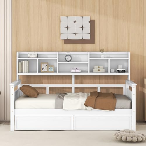 Twin Size Wood Daybed with Shelf and 2 Storage Drawers F90988