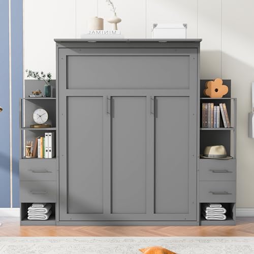 Gray Queen Murphy Bed with Storage Shelves, Drawers and LED Light, Wood Foldable Wall Bed Frame U356