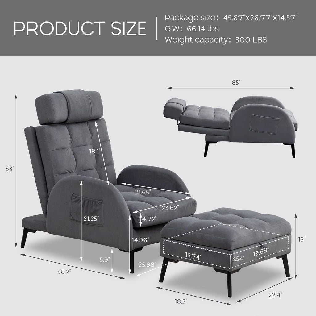 Dark Grey Velvet Accent Chair with Ottoman and Adjustable Backrest T423