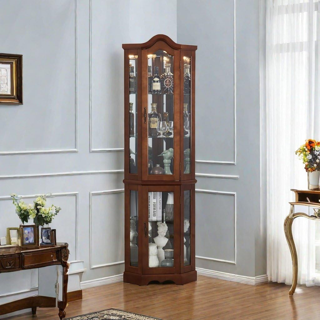 Walnut Corner Curio Cabinet with Glass Doors and Shelves F847818