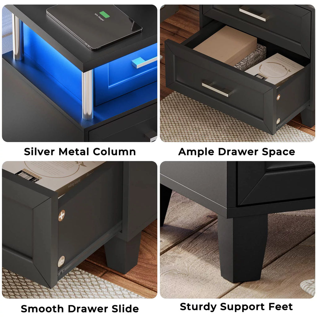 Black LED Nightstand Set of 2 with 3 Drawer G32929