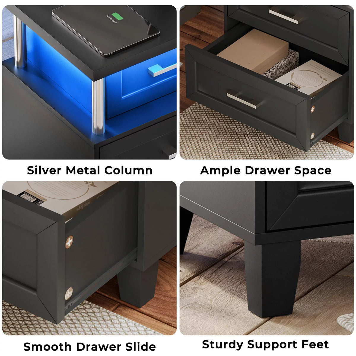 Black LED Nightstand Set of 2 with 3 Drawer G32929