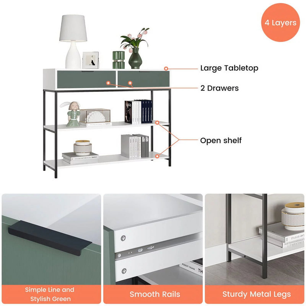 White and Light Green Wood Console Table with Shelves and Drawers H86421