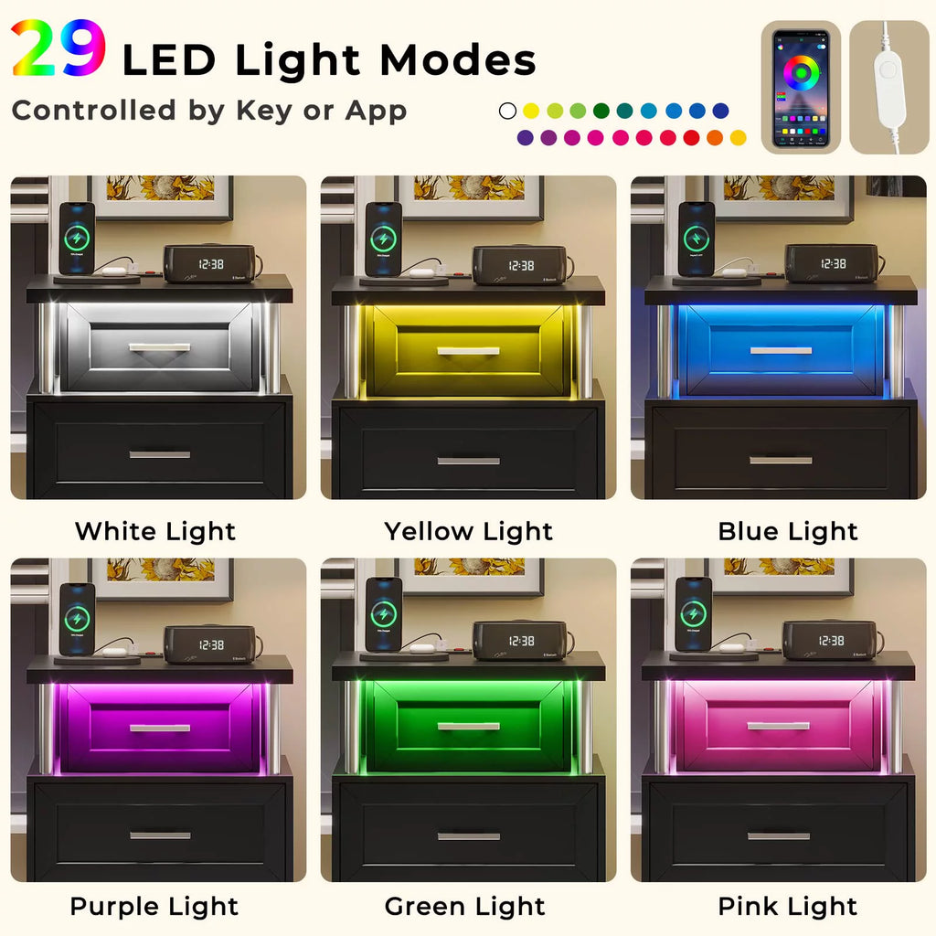 Black LED Nightstand Set of 2 with 3 Drawer G32929
