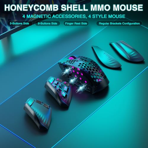Black Wireless MMO Gaming Mouse with 9 Side Buttons, 24000 DPI, Triple Connectivity, RGB S543
