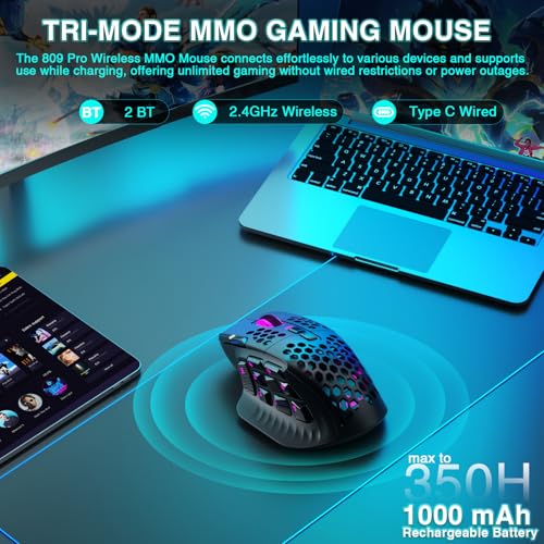 Black Wireless MMO Gaming Mouse with 9 Side Buttons, 24000 DPI, Triple Connectivity, RGB S543