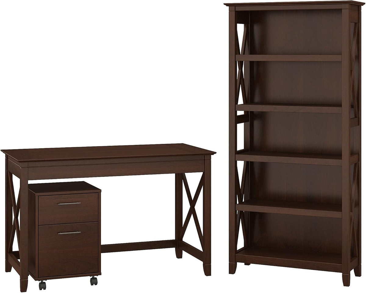 48W Writing Desk with 2 Drawer File Cabinet and 5 Shelf Bookcase E28400