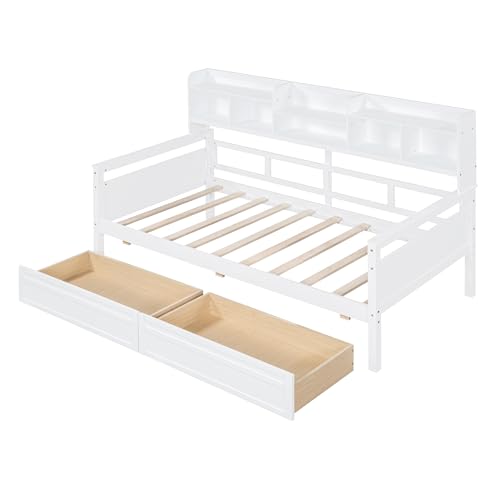 Twin Size Wood Daybed with Shelf and 2 Storage Drawers F90988