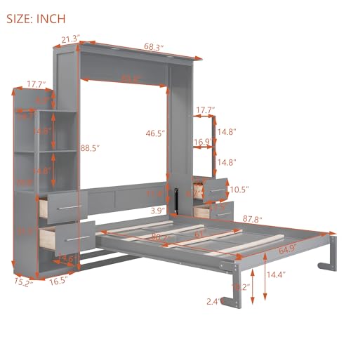 Gray Queen Murphy Bed with Storage Shelves, Drawers and LED Light, Wood Foldable Wall Bed Frame U356