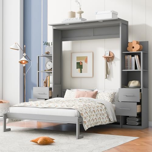 Gray Queen Murphy Bed with Storage Shelves, Drawers and LED Light, Wood Foldable Wall Bed Frame U356